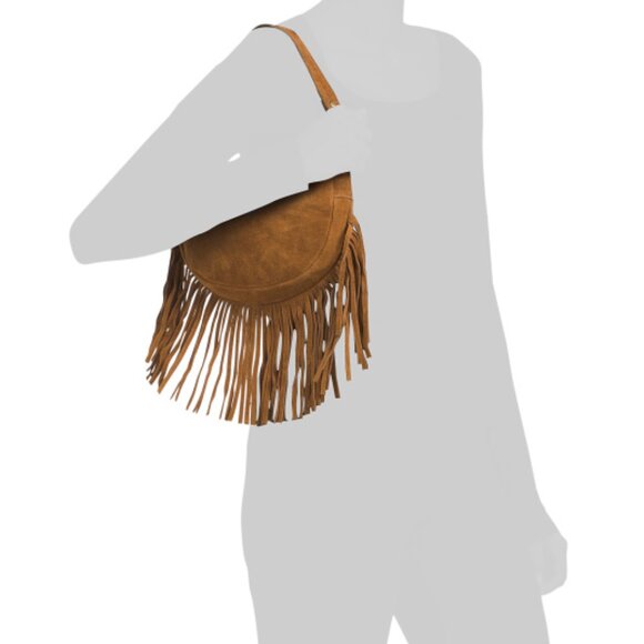 MARLON Made In Italy Suede Crescent Shoulder Bag With Fringe - Picture 2 of 4
